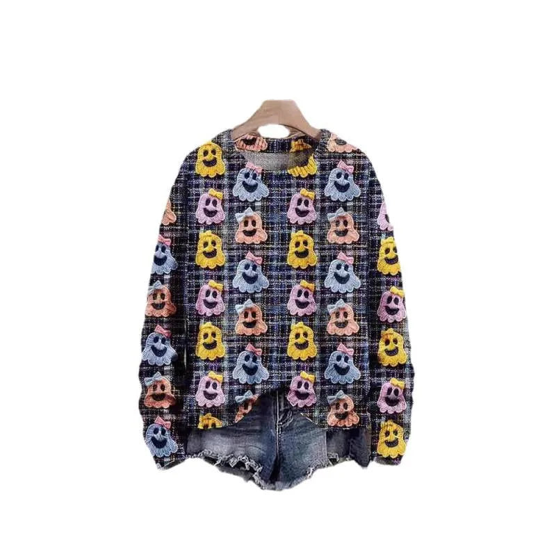 Digital printing fashion round neck women's sweater with 3D effect pattern