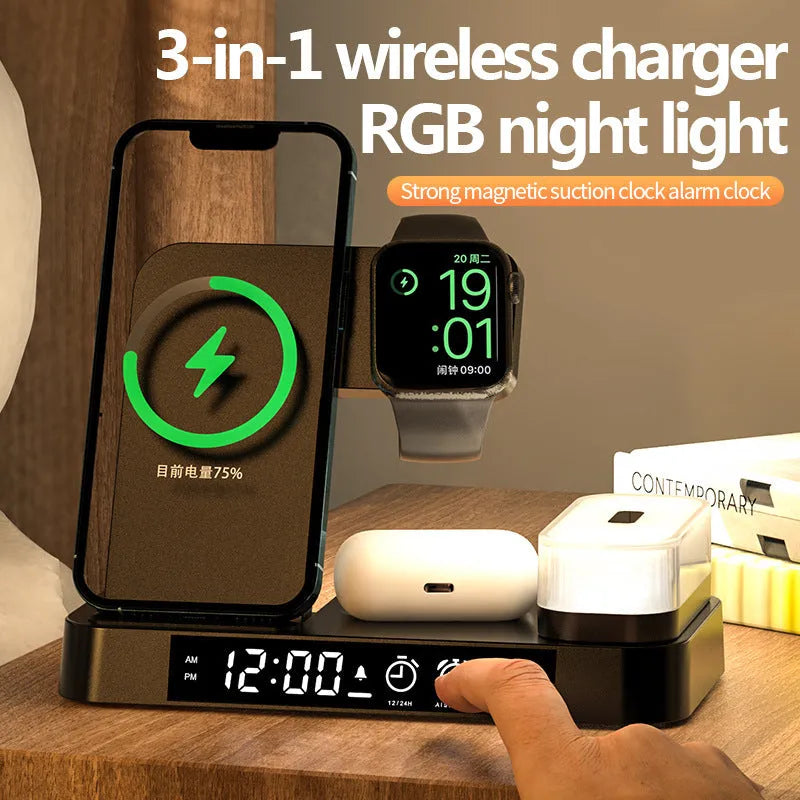 White 4-in-1 wireless charging station with foldable design showing phone charging, alarm clock display, and RGB night light