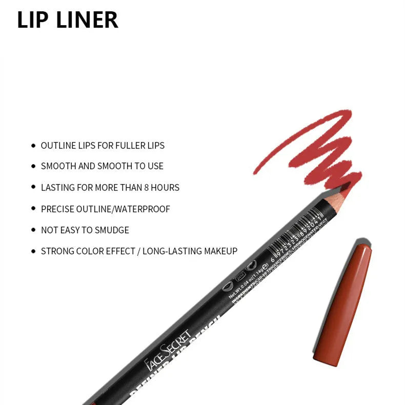 Wooden casing lip liner pencil shown in one of 14 shades with matte, long-lasting finish.