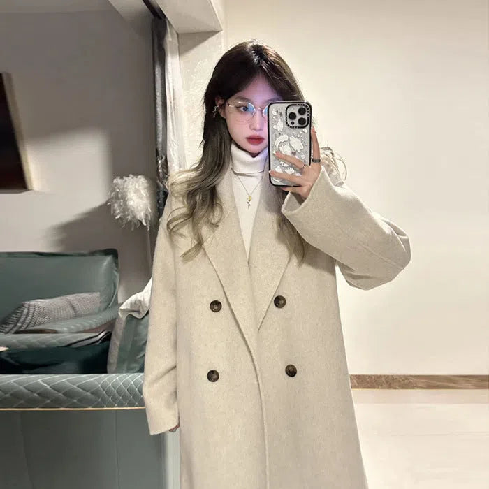 Retro patchwork women's wool coat in oatmeal colour, knee-length, loose fit, long sleeves