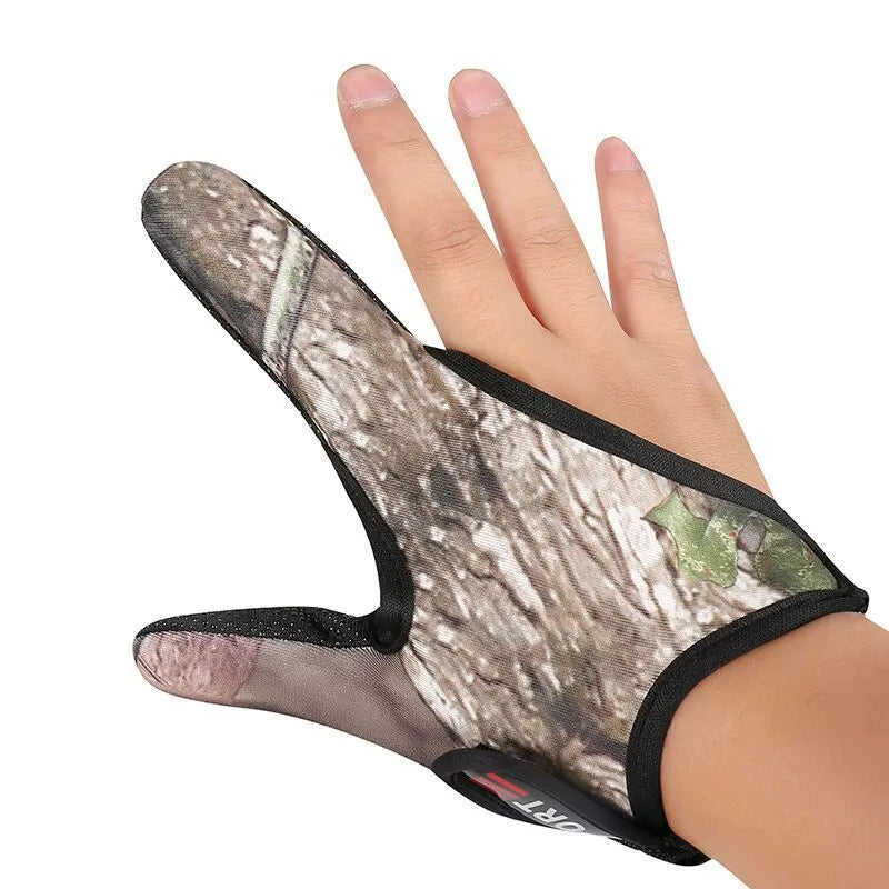 Two finger fishing glove in camouflage colour showing diving cloth back and microfiber palm.