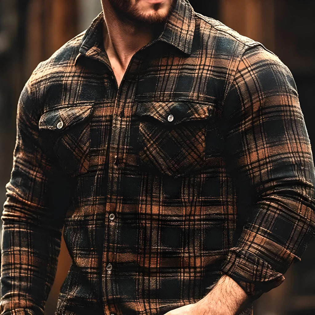 Men's plaid printed fleece-lined pocket shirt in CS085 colour, cardigan style, long sleeves, loose fit