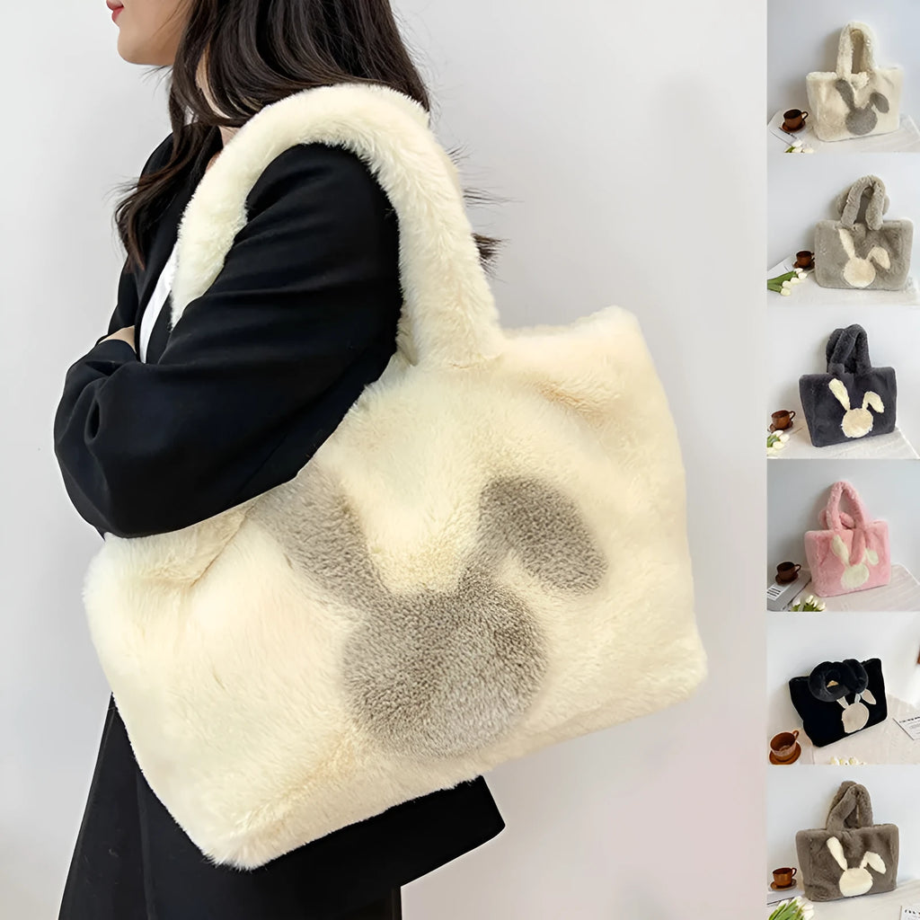Plush rabbit ears shoulder tote bag in six colours for women's autumn winter shopping