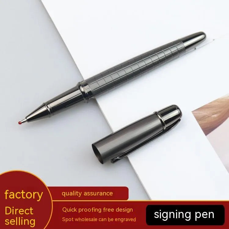 Gun grey metal rollerball pen shown with black and blue ink refill options