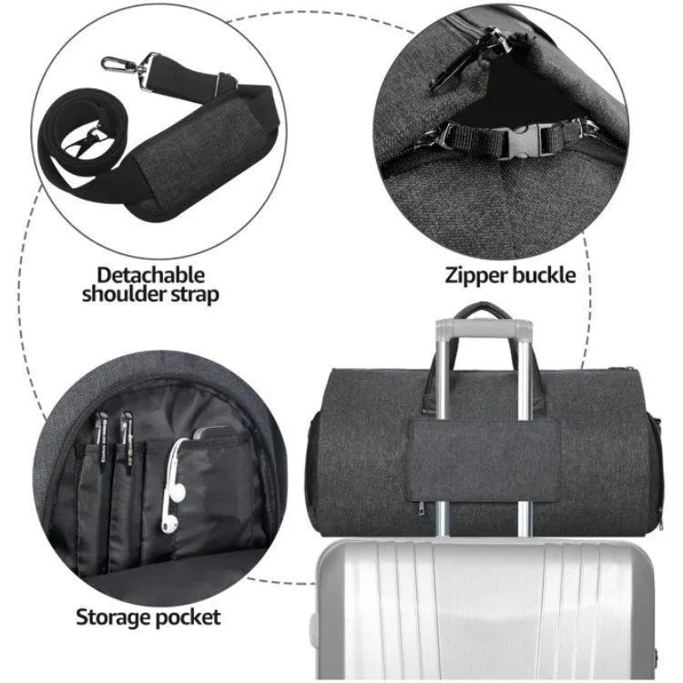 Large capacity folding storage bag in Oxford cloth with sewing thread detail, available in black and gray or light gray, 20-35L capacity.