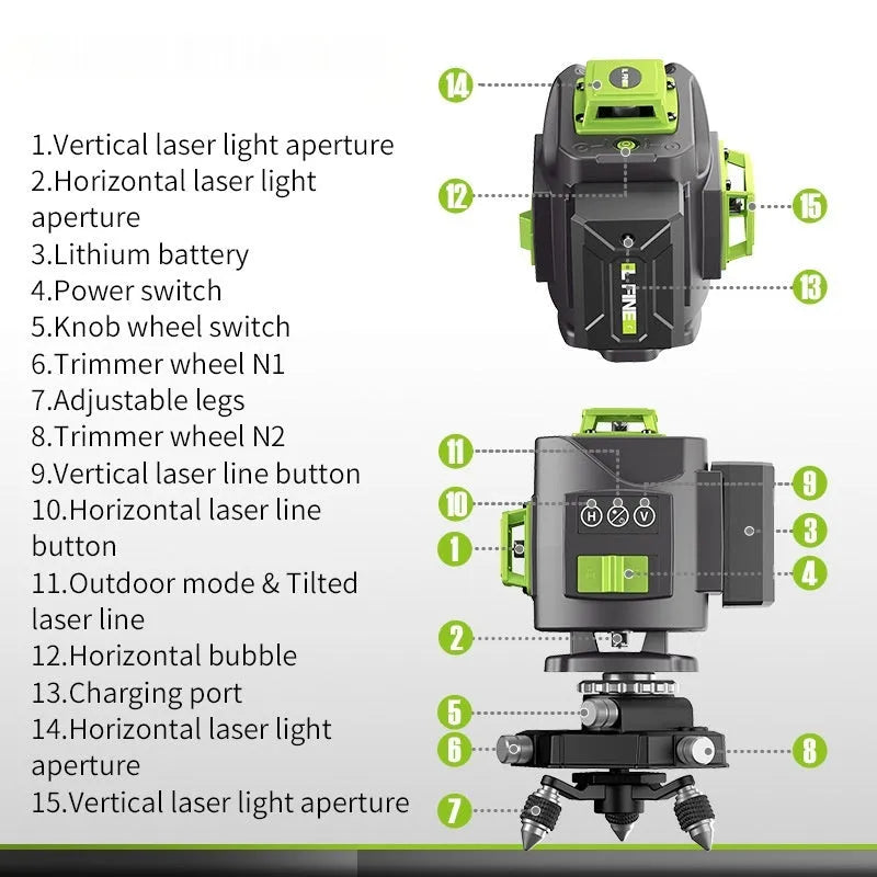 16 line 3D green laser level with nylon and aluminium construction measuring 11x13.5x13.5cm