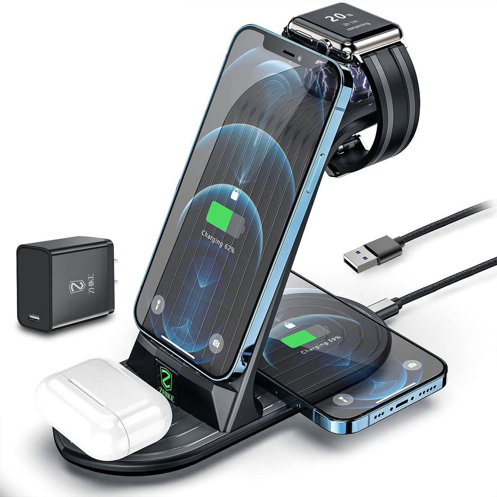 Four-in-one wireless charger in black for Apple iPhone, iWatch, and headset, with cable and adapter