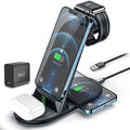 Four-in-one wireless charger in black for Apple iPhone, iWatch, and headset, with cable and adapter