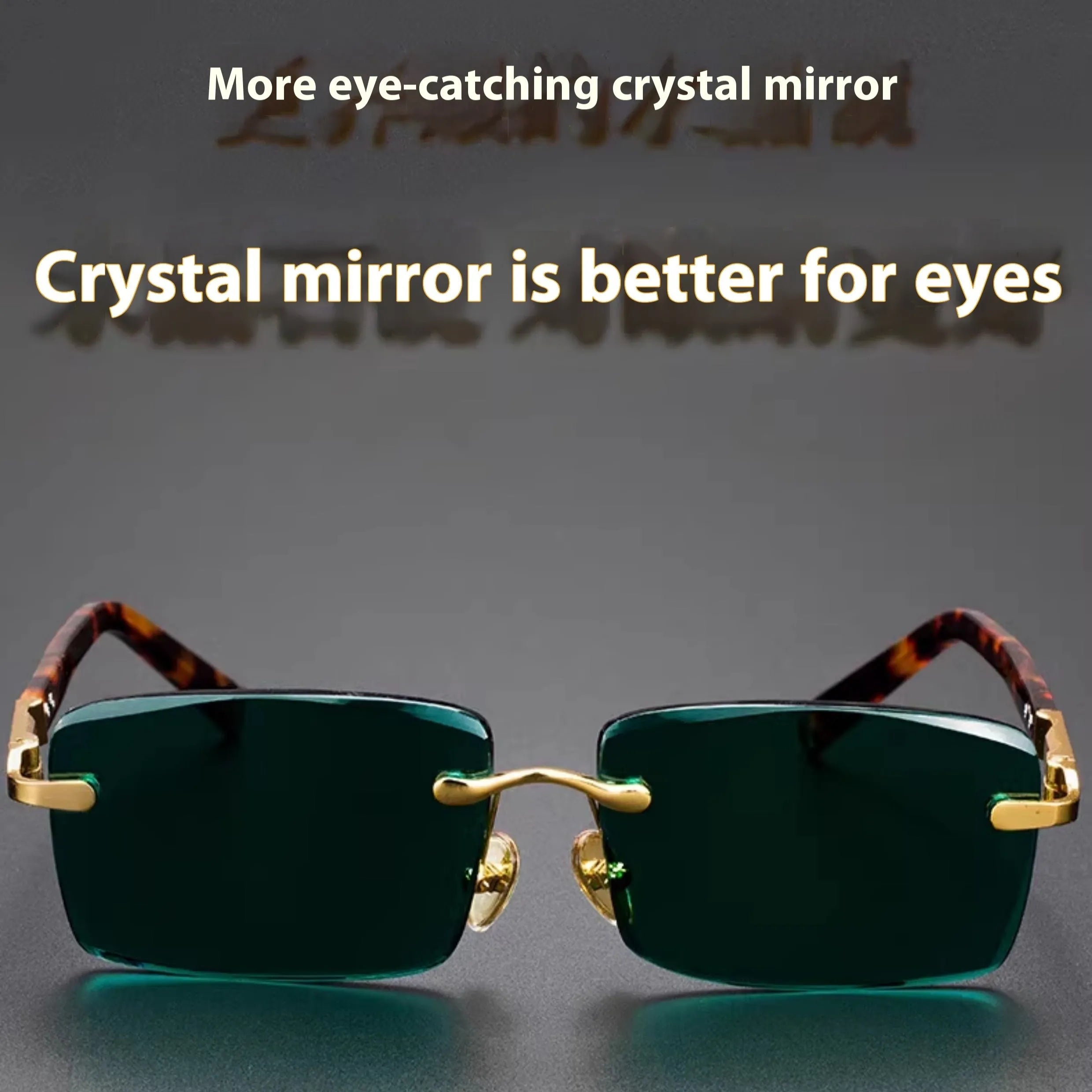 Green frameless reading glasses with dark tinted lenses on protective case