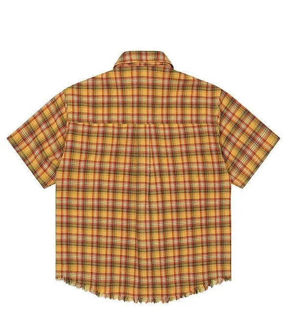 Yellow plaid loose fit short sleeve button-up shirt for men and women