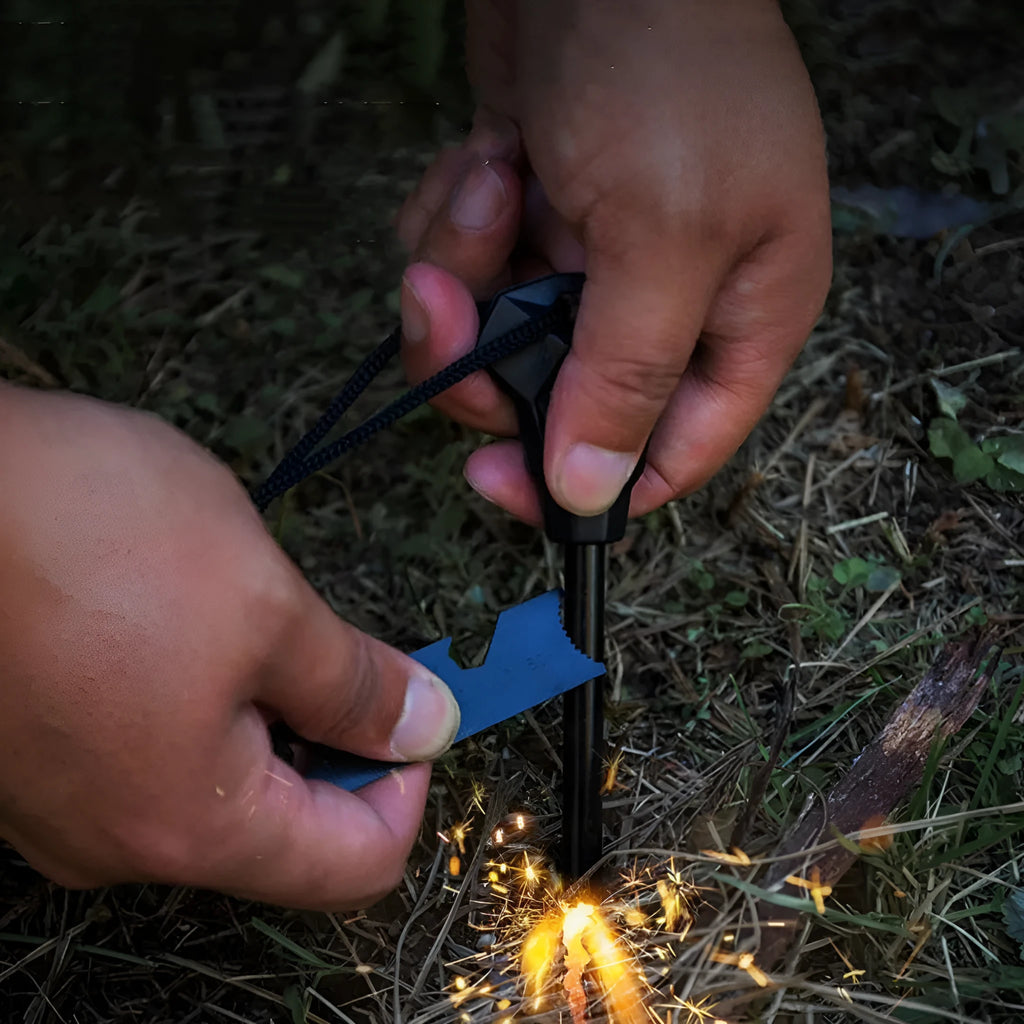 Black multifunctional camping flint with magnesium rod and stainless steel scraper showing graduated scale and bottle opener
