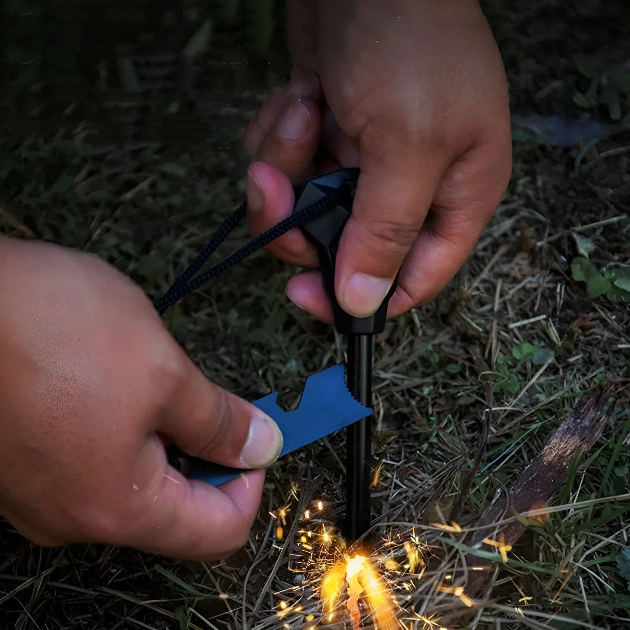 Black multifunctional camping flint with magnesium rod and stainless steel scraper showing graduated scale and bottle opener