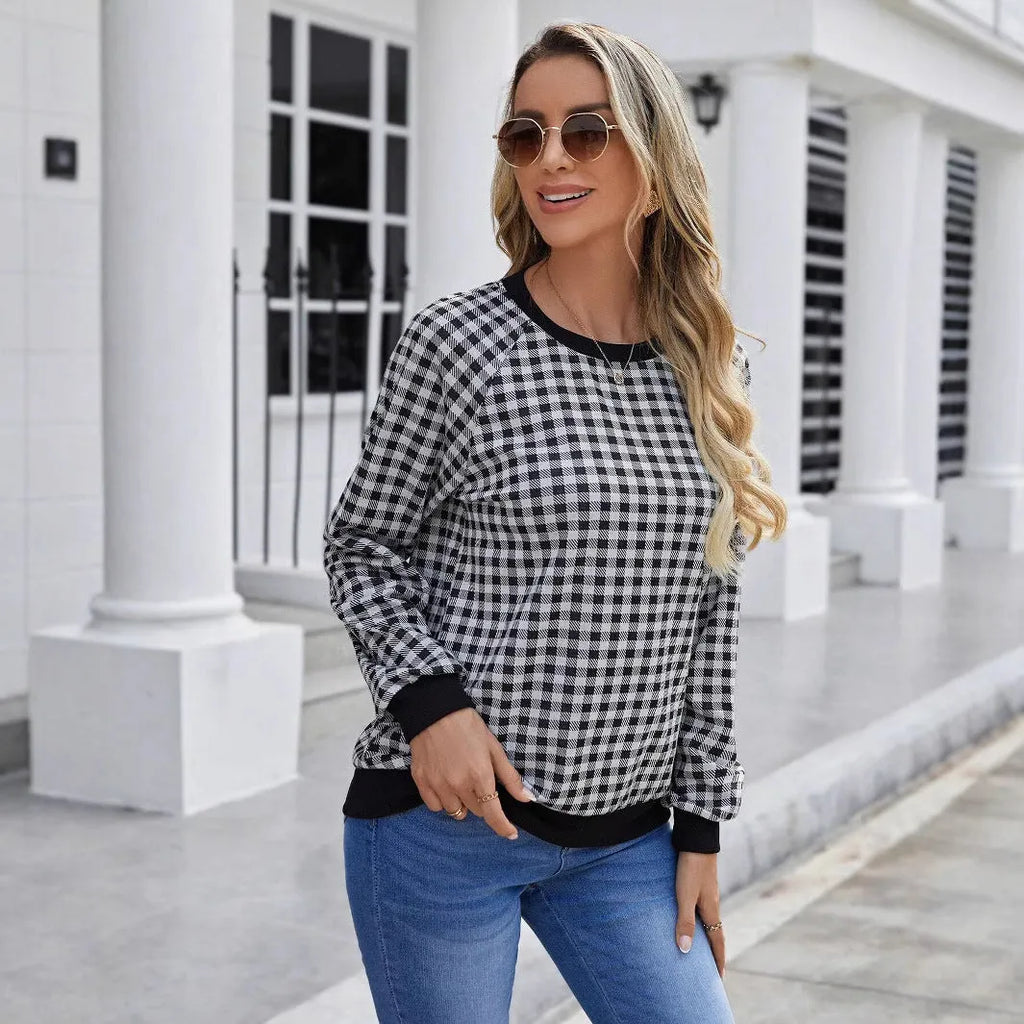 Black Japanese plaid pattern long sleeve pullover sweater with printed details
