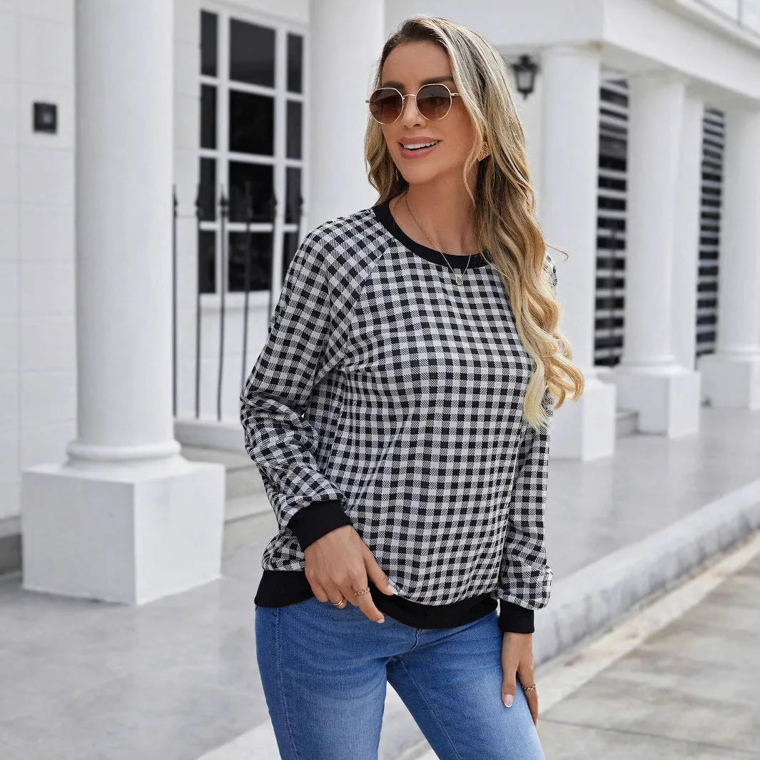 Black Japanese plaid pattern long sleeve pullover sweater with printed details