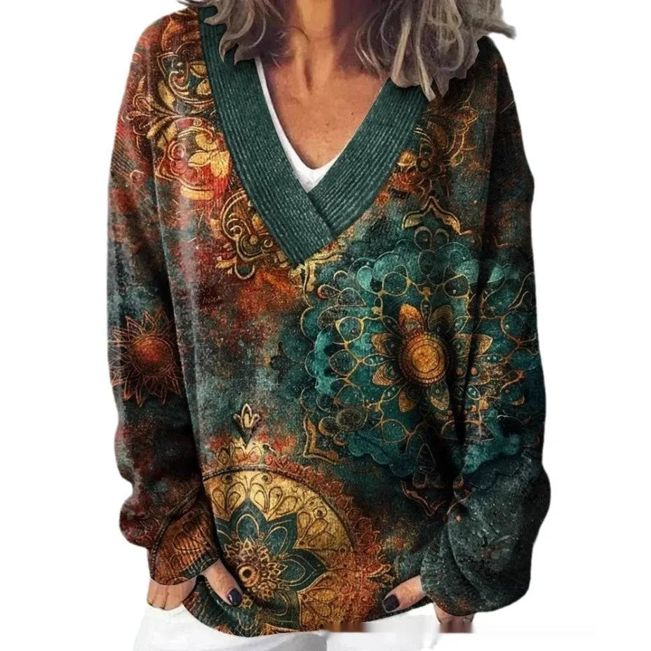 Women's floral printed sweatshirt with 3D pattern and V-neck design in art retro style