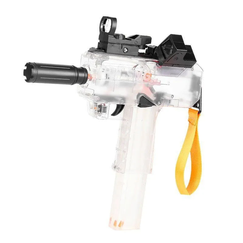 Uzi-style electric water gun toy with transparent blue plastic body and accessories
