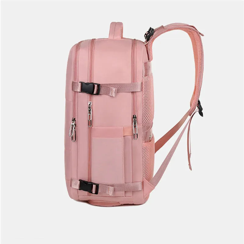 Large purple waterproof travel backpack with laptop compartment and air-cushioned shoulder straps