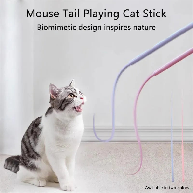 Simulated mouse tail cat teaser stick with blue silicone tail and cat head handle design