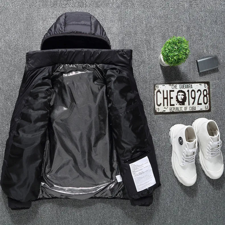 Men's USB heated jacket with detachable hood, shown in black, featuring zip-up front and elastic cuffs.