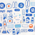 Set of 46 small rectangular cartoon-themed decorative stickers in various cute styles including Bubble Comics.