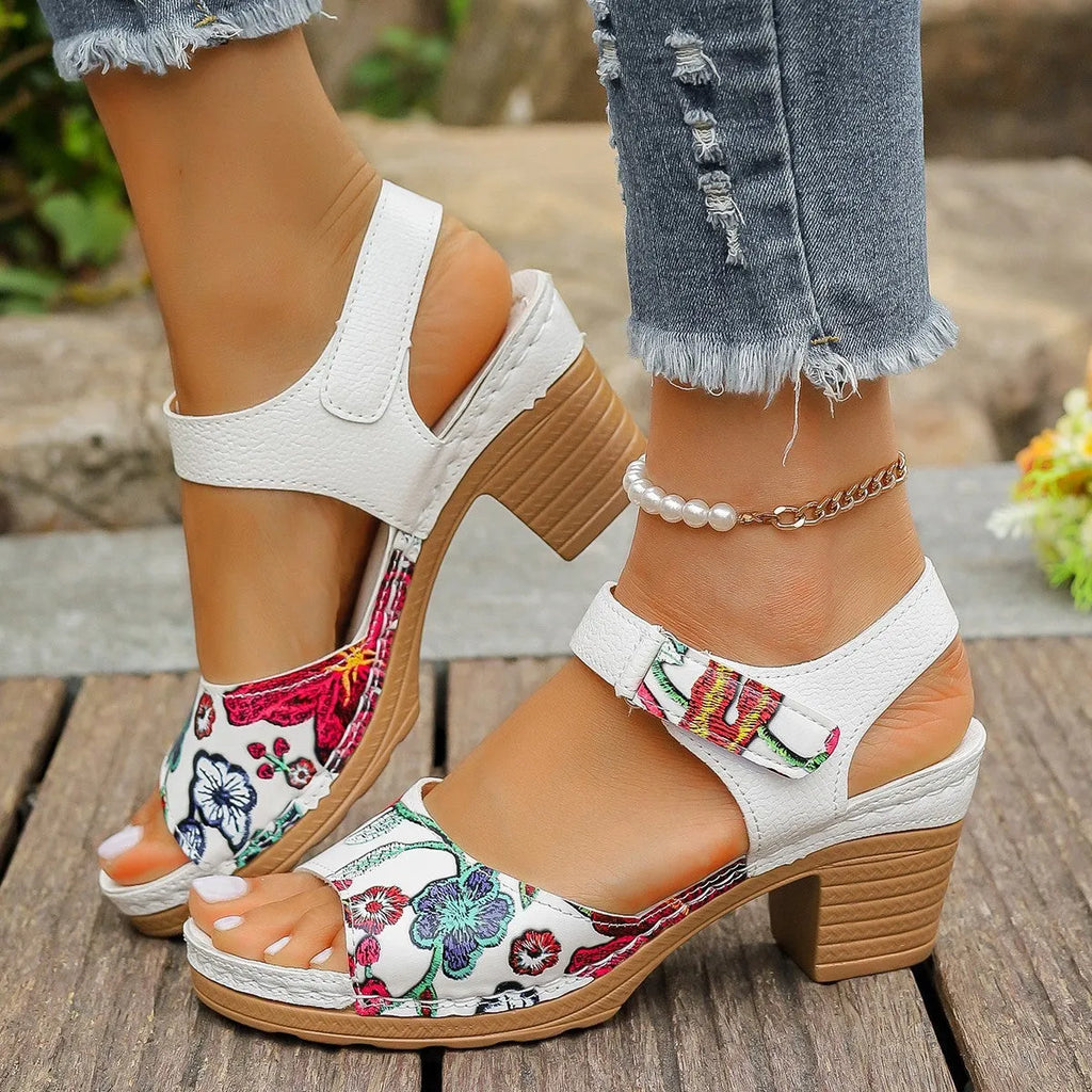 White women's high heel sandals with velcro buckle closure showing PU leather upper and rubber sole