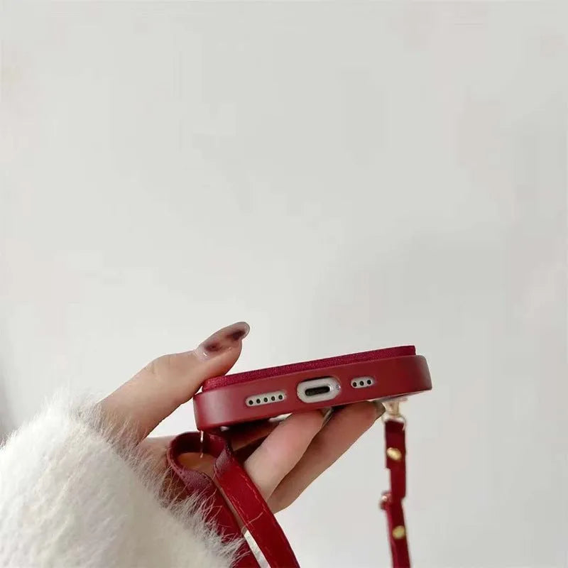 Red crossbody card holder phone case with lanyard and red diamond plaid TPU finish for iPhone