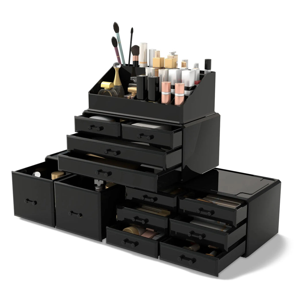 Three-layer acrylic cosmetics storage box in transparent colour showing stacked compartments