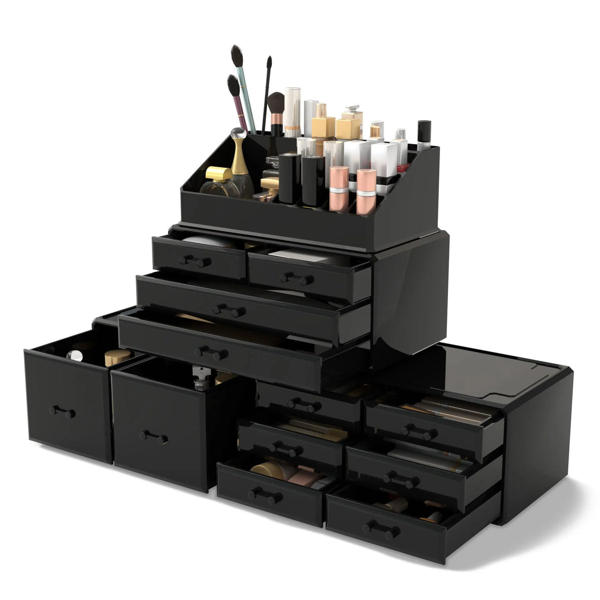 Three-layer acrylic cosmetics storage box in transparent colour showing stacked compartments