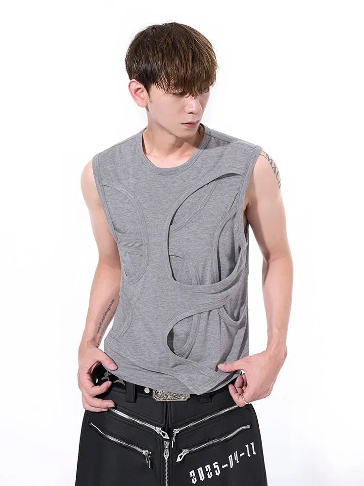 Man wearing a solid grey Lyocell vest, showing standard fit and round neck tank top style.