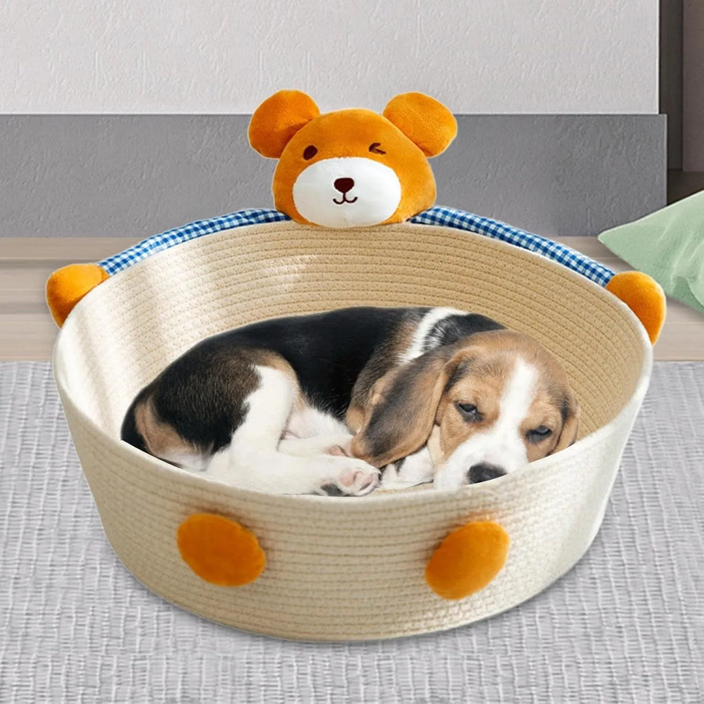 Woven cotton rope cat bed with integrated scratching board in basket design