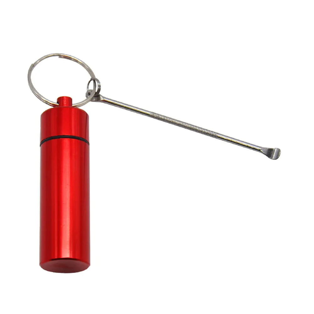 Aluminium portable pill storage bottle with keychain and small spoon in multiple colour options.