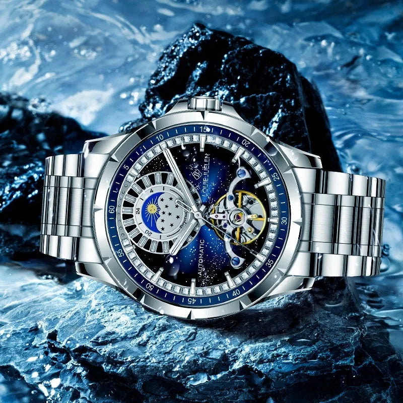 Silver case waterproof automatic mechanical watch with blue dial and stainless steel strap