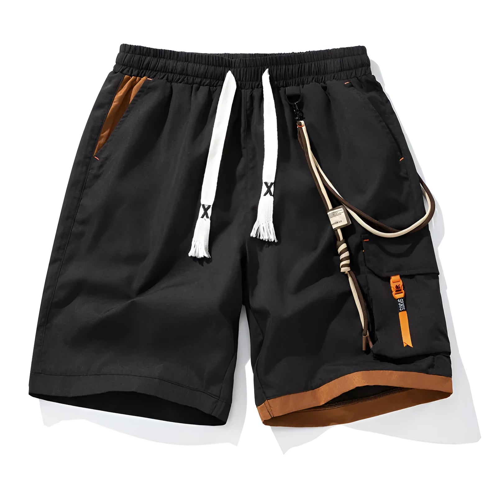 Men's black bamboo fibre sports shorts with a high waist and loose, straight-leg cropped fit on a hanger.