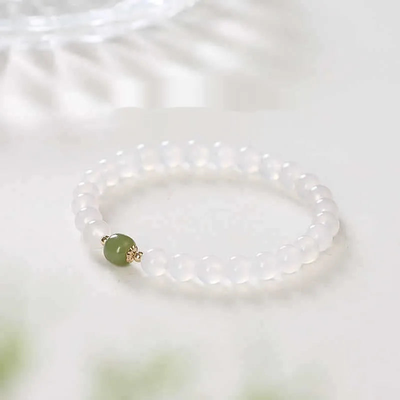 Handmade natural white agate hetian jade crystal bracelet with cinnabar inlaid detailing in ins style