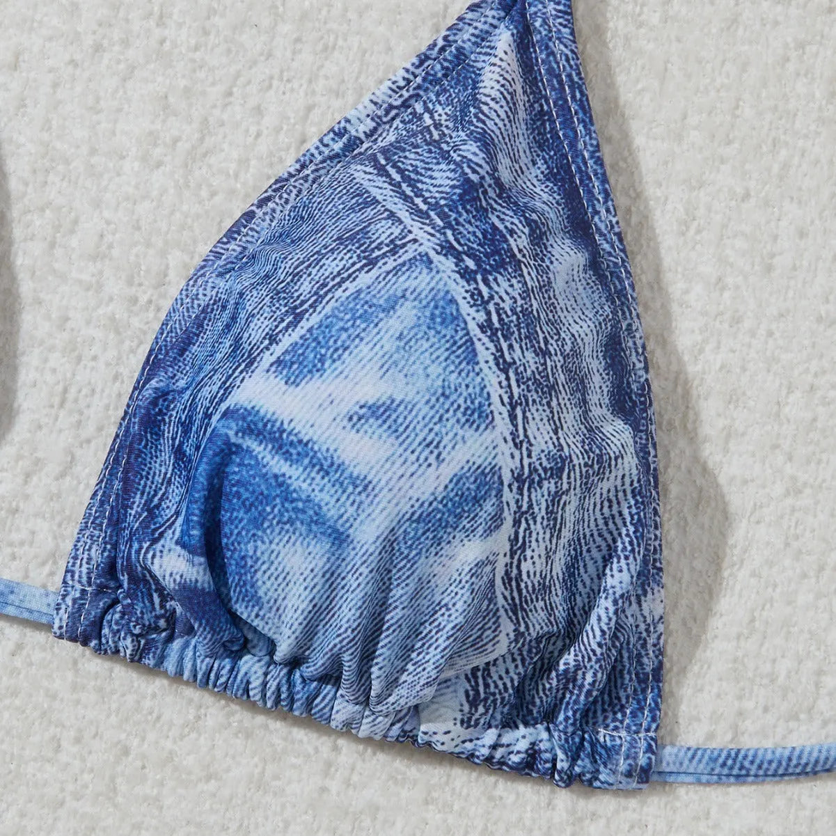 Women's denim print bikini set with adjustable straps in denim blue colour