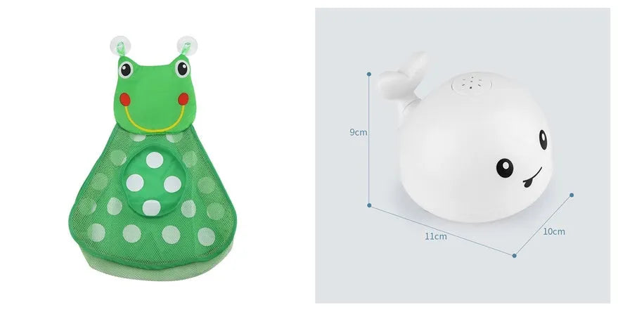 Automatic electric whale bath toy spraying water with LED lights on, floating in a baby bath.