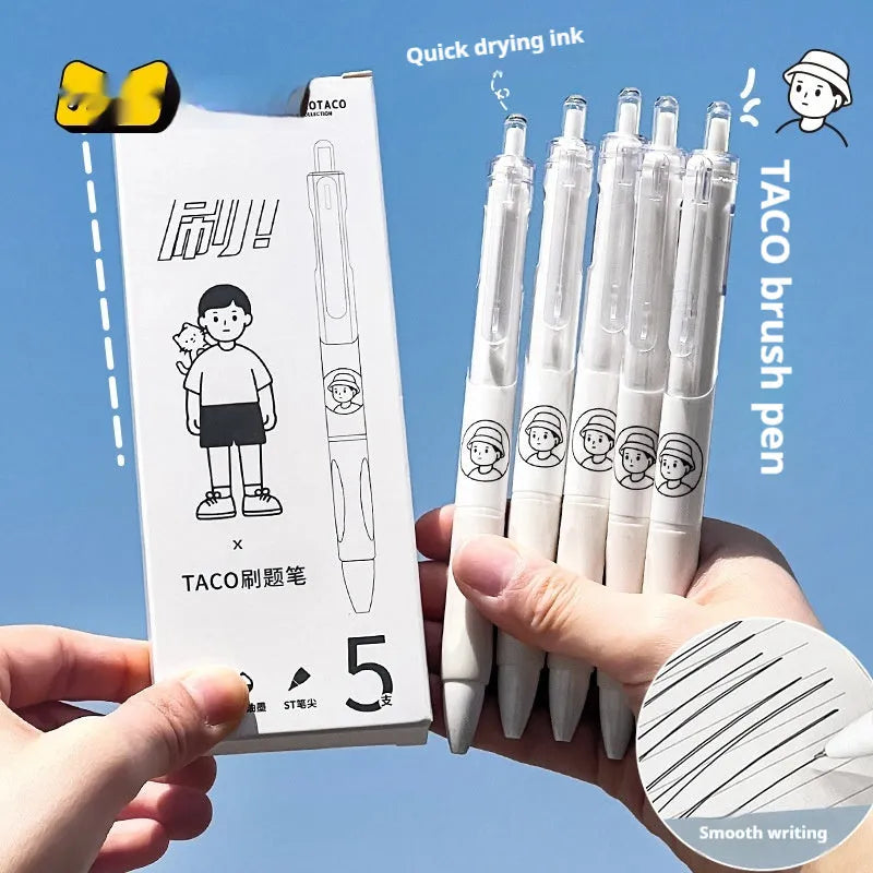 Set of five white and black 0.5mm ballpoint pens with quick-drying ink.