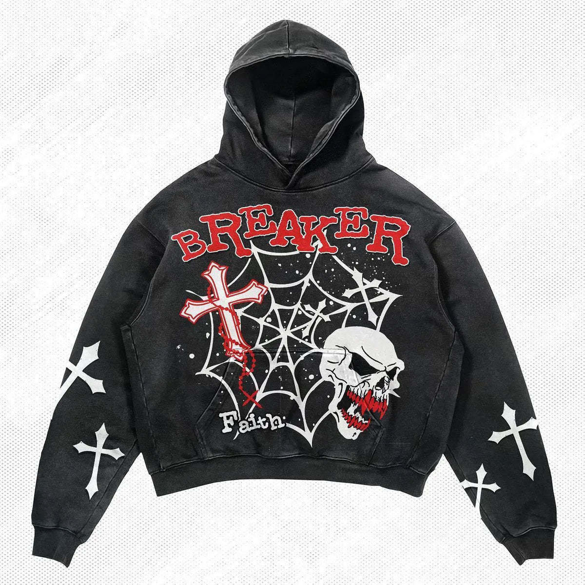 Black cotton polyester skull print hoodie on model, pullover style with hood and long sleeves, M to 3XL sizes
