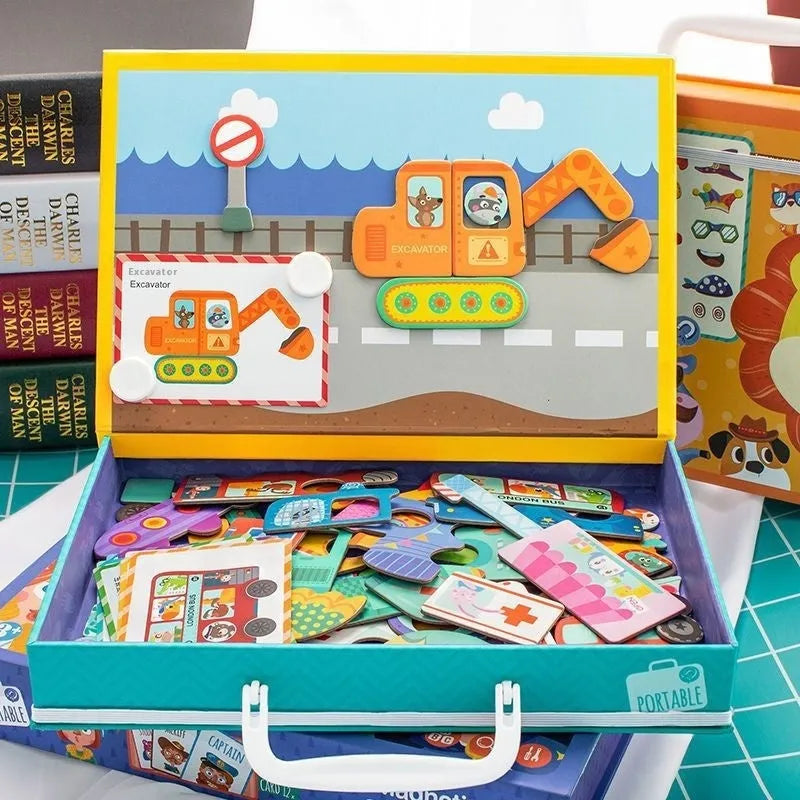 Children's wooden magnetic puzzle board with themed sticker toys in colour box, 27x20x4.3cm