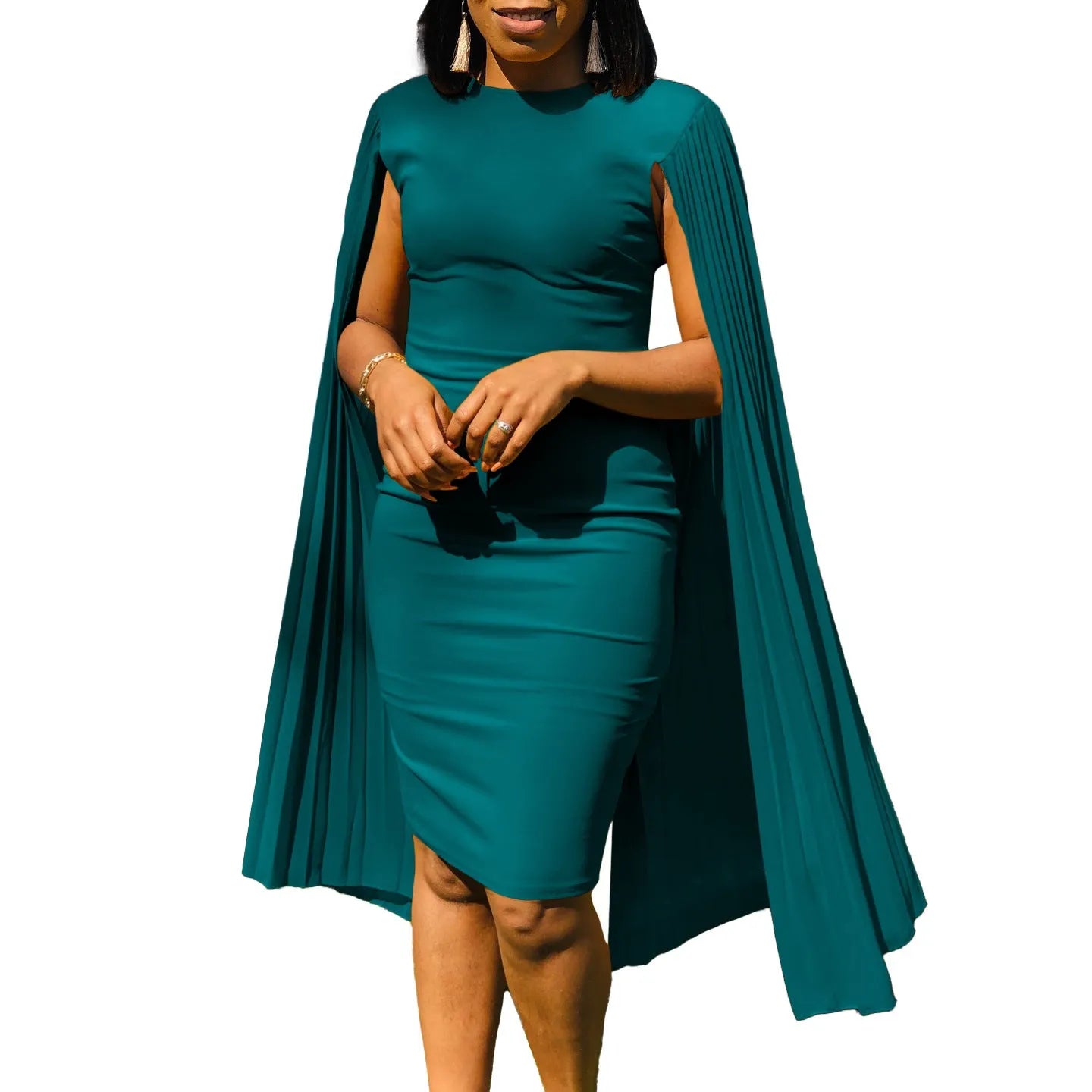 Yellow formal evening dress with long sleeves, a high waist, and an attached pleated shawl.