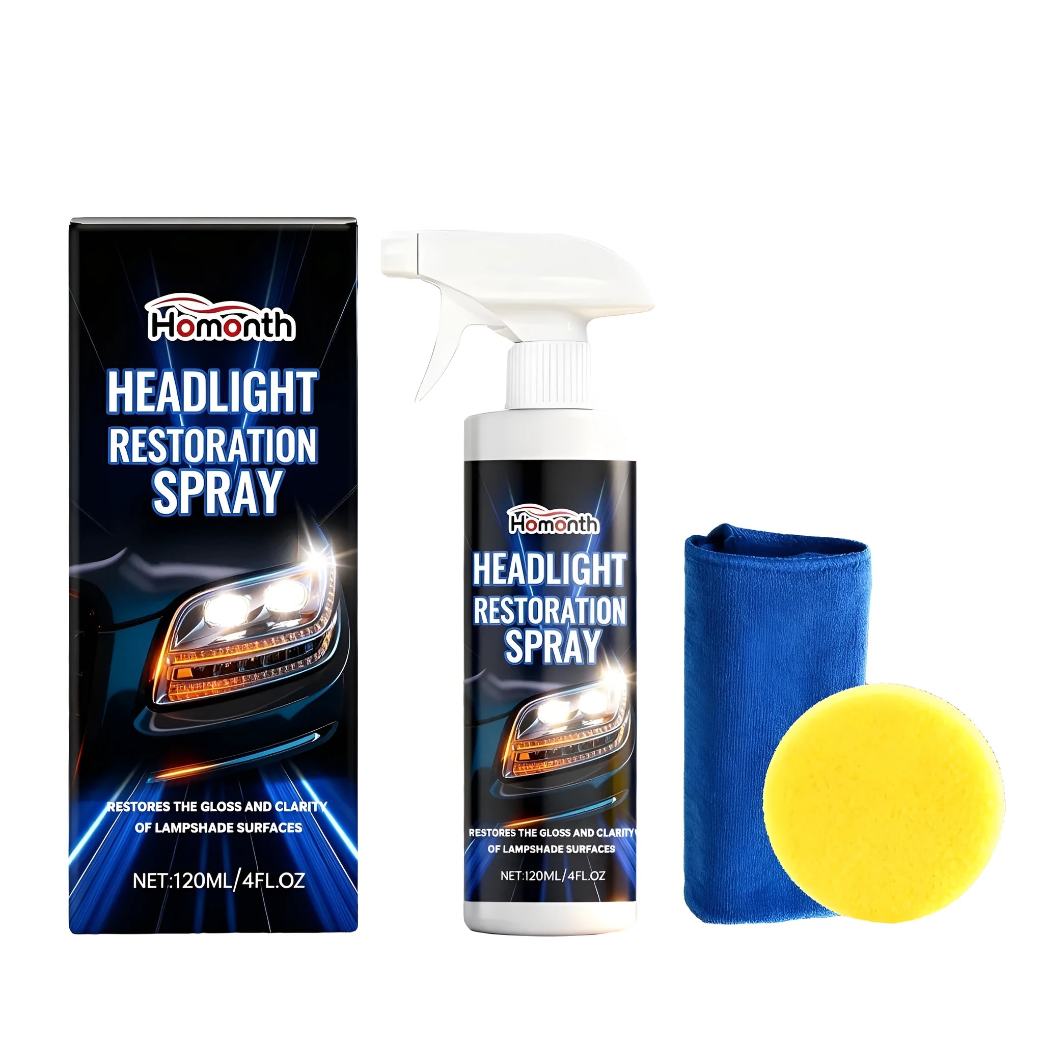 HOMONTH 120ml headlight restoration spray bottle with sponge and towel for cleaning cloudy lenses