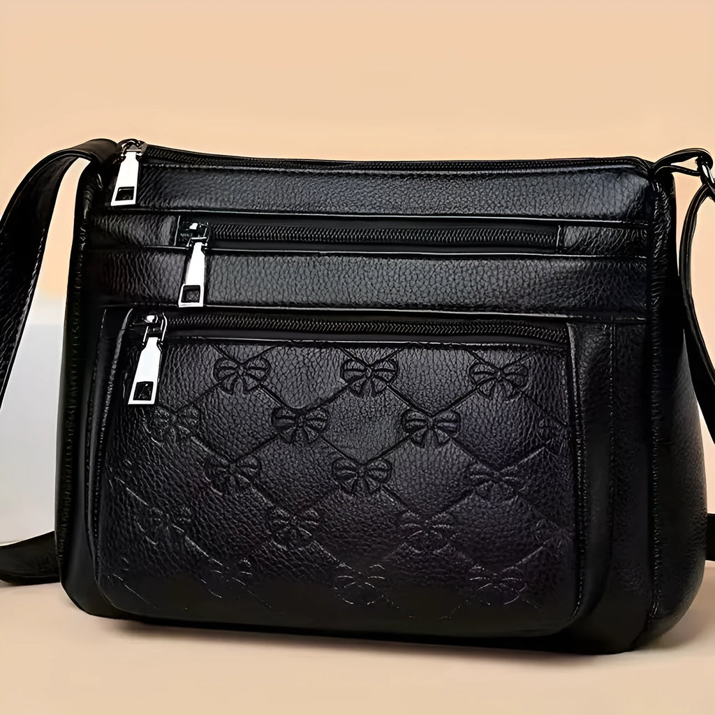 Butterfly Black PU leather women's shoulder messenger bag with mobile phone pocket