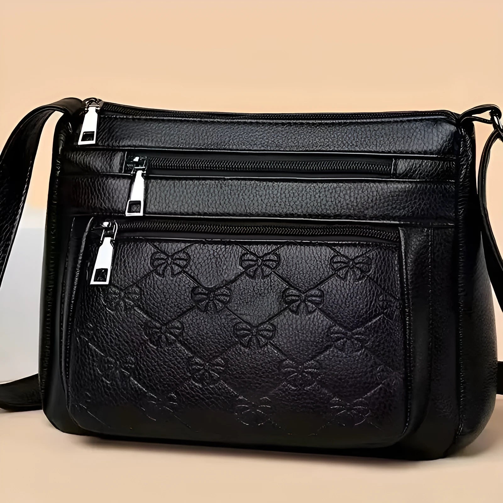 Butterfly Black PU leather women's shoulder messenger bag with mobile phone pocket