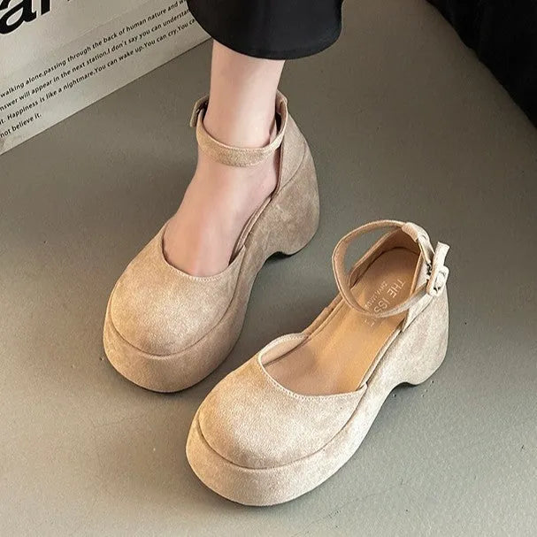 Retro closed toe buckle women's thick heel suede pump in khaki, side view with rubber sole