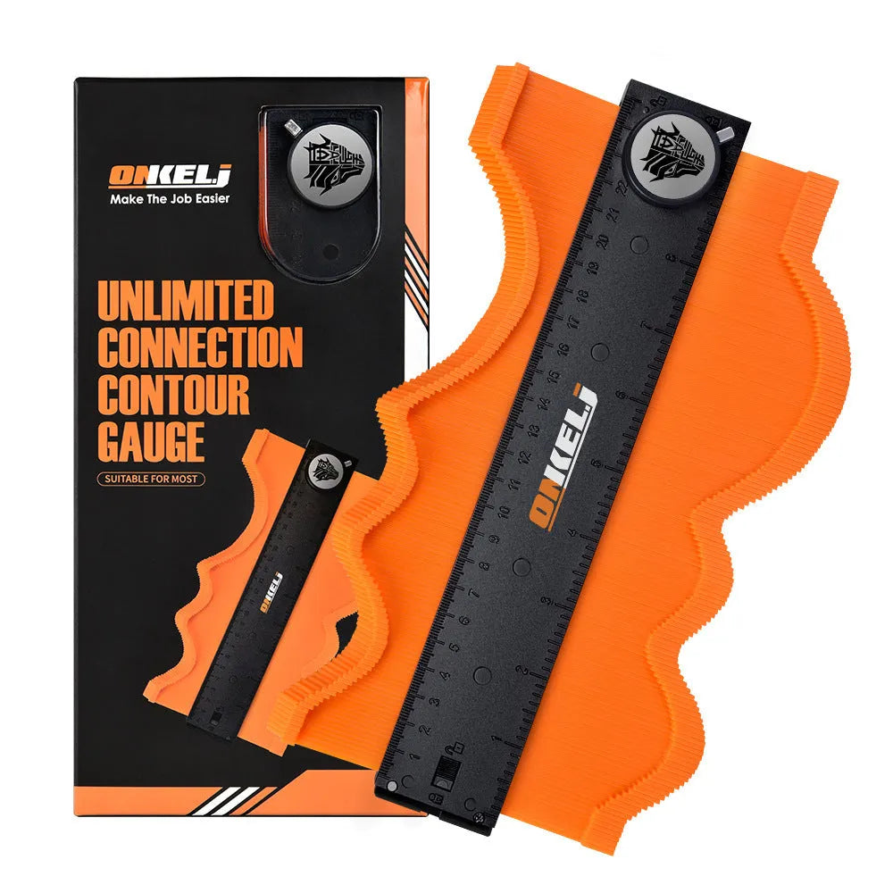 10-inch locking contour gauge made of black ABS plastic and stainless steel with movable pins for profiling shapes.