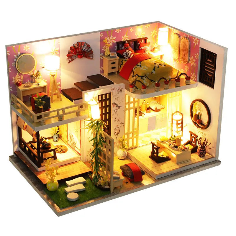 Wooden duplex loft villa model, battery powered small house toy, 30cm x 7cm x 16cm, Basic Style