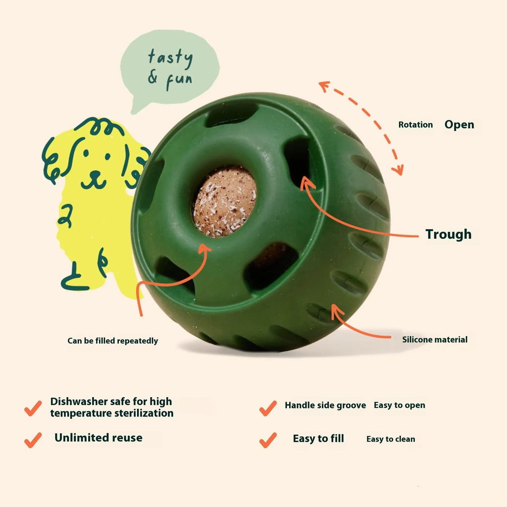Green silicone slow feeder dog toy with ball and tray for slower eating and interactive play