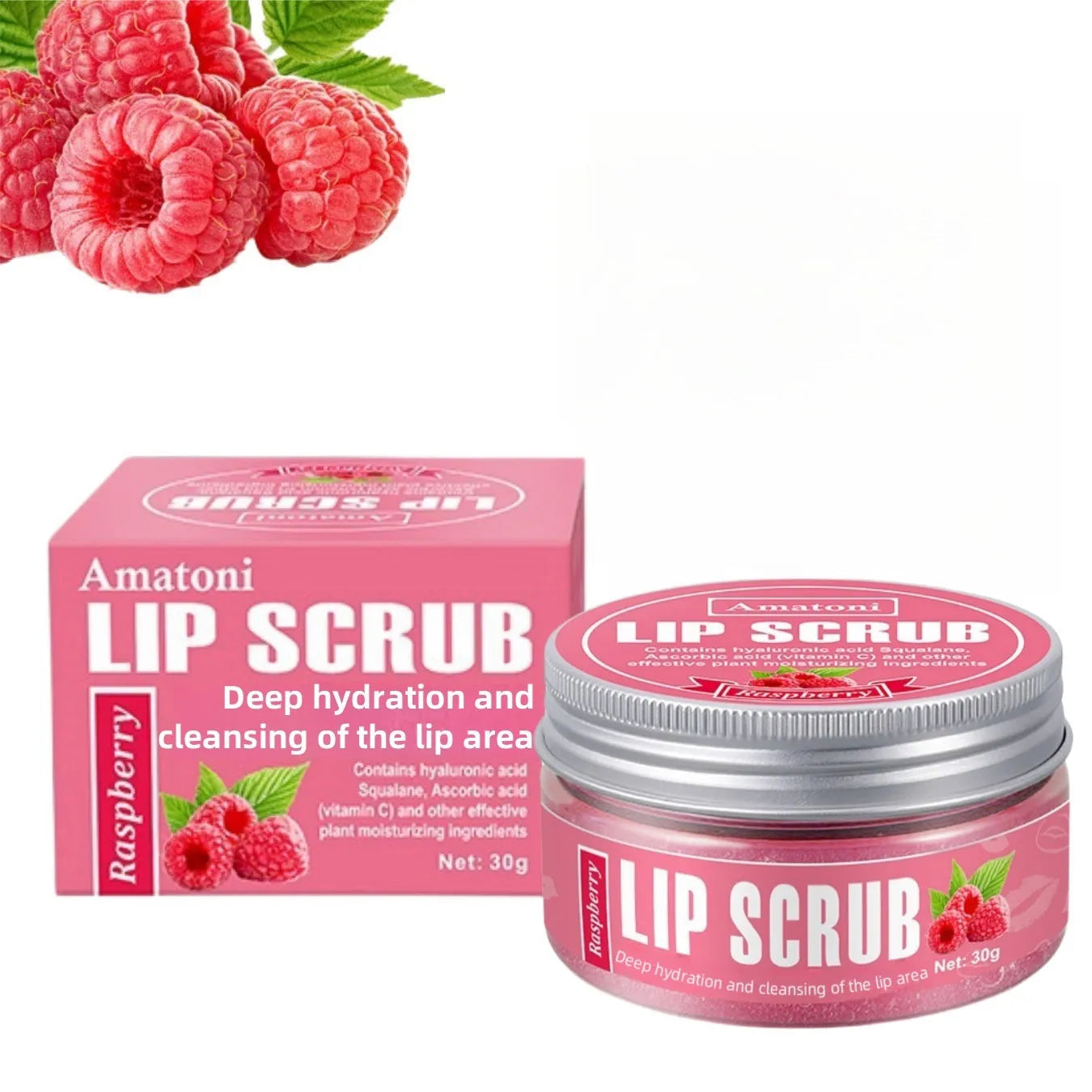 Amatoni Lip Scrub pot in coconut, raspberry, vanilla, or watermelon flavour, 30g.