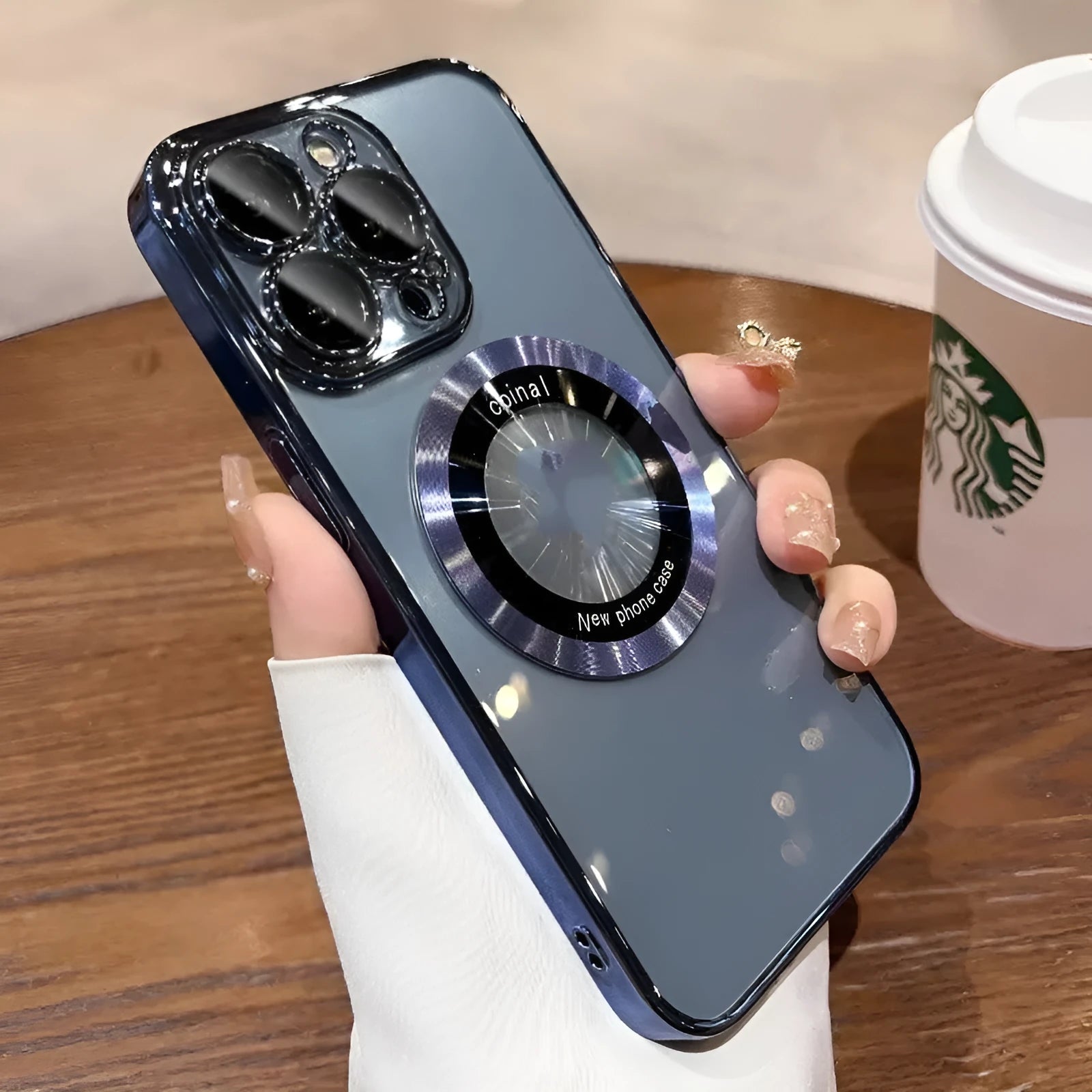 Magnetic magnifier phone case in electroplated PC with dark purple finish for iPhone 14 Pro Max