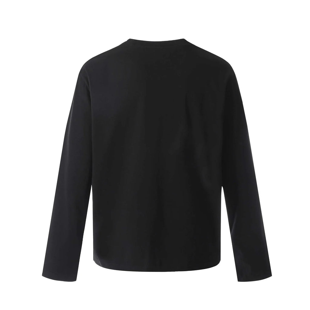 Black and Flower Grey loose fit cotton long sleeve pullover on a hanger